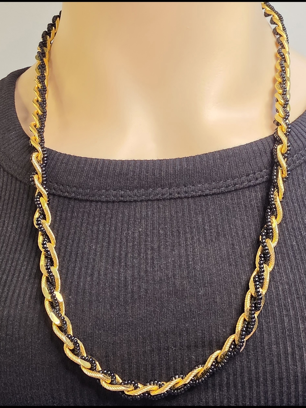 Trifari Vintage Gold and Black Seed Bead Twisted Rope Necklace - Women Jewelry